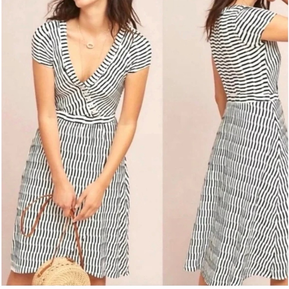 MAEVE ANTHROPOLOGIE PALADINO BLUE WHITE STRIPED KNIT FAUX WRAP MIDI DRESS